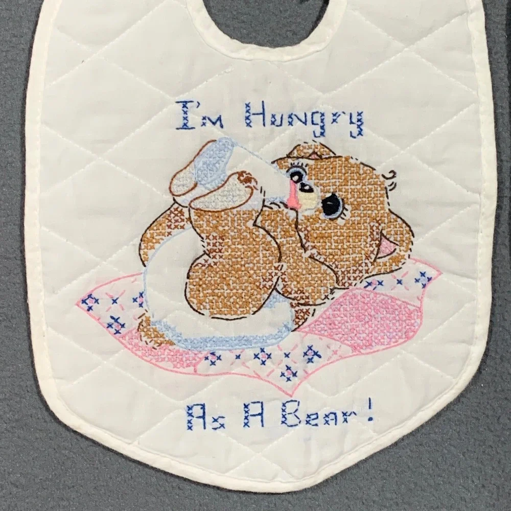 Vintage Hand Embroidered Baby Bibs Set of 2 Quilted Teddy Bear‎ Cross Stitch